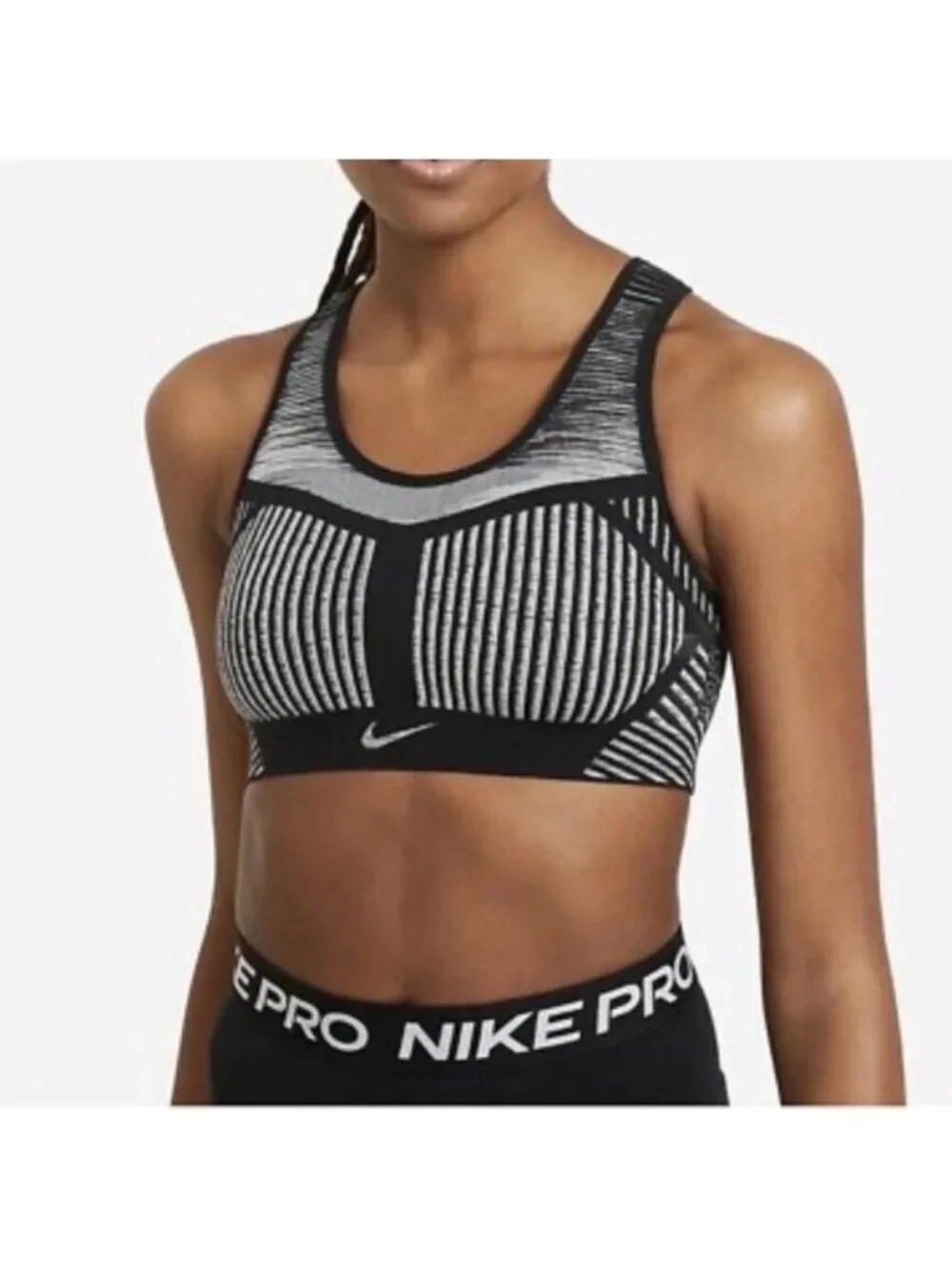 Nike Fe/Nom Flyknit High Support Sports Bra S Black White Non Padded Racerback